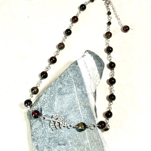 Genuine Dark Brown Agate Necklace, Natural Gemstone & Silver Leaf Branch Pendant - Picture 4 of 14